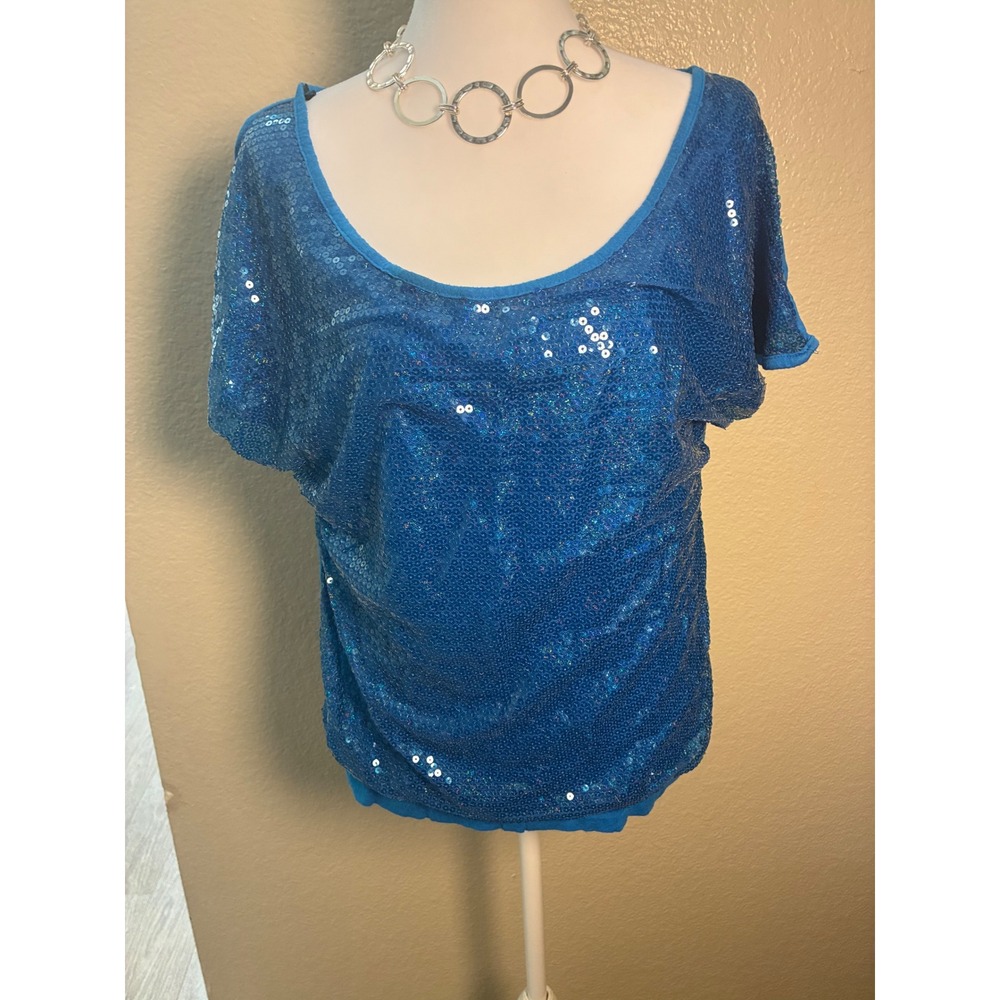 Deb Women Blue Sequin Front Scoop Neck Short Sleeve Party Top Night Out Blouse